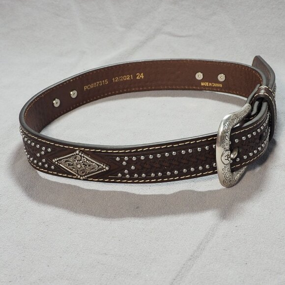 Ariat Belt Womens 24 Brown Leather Tooled Studded Diamond Concho Western Snap - Picture 1 of 13